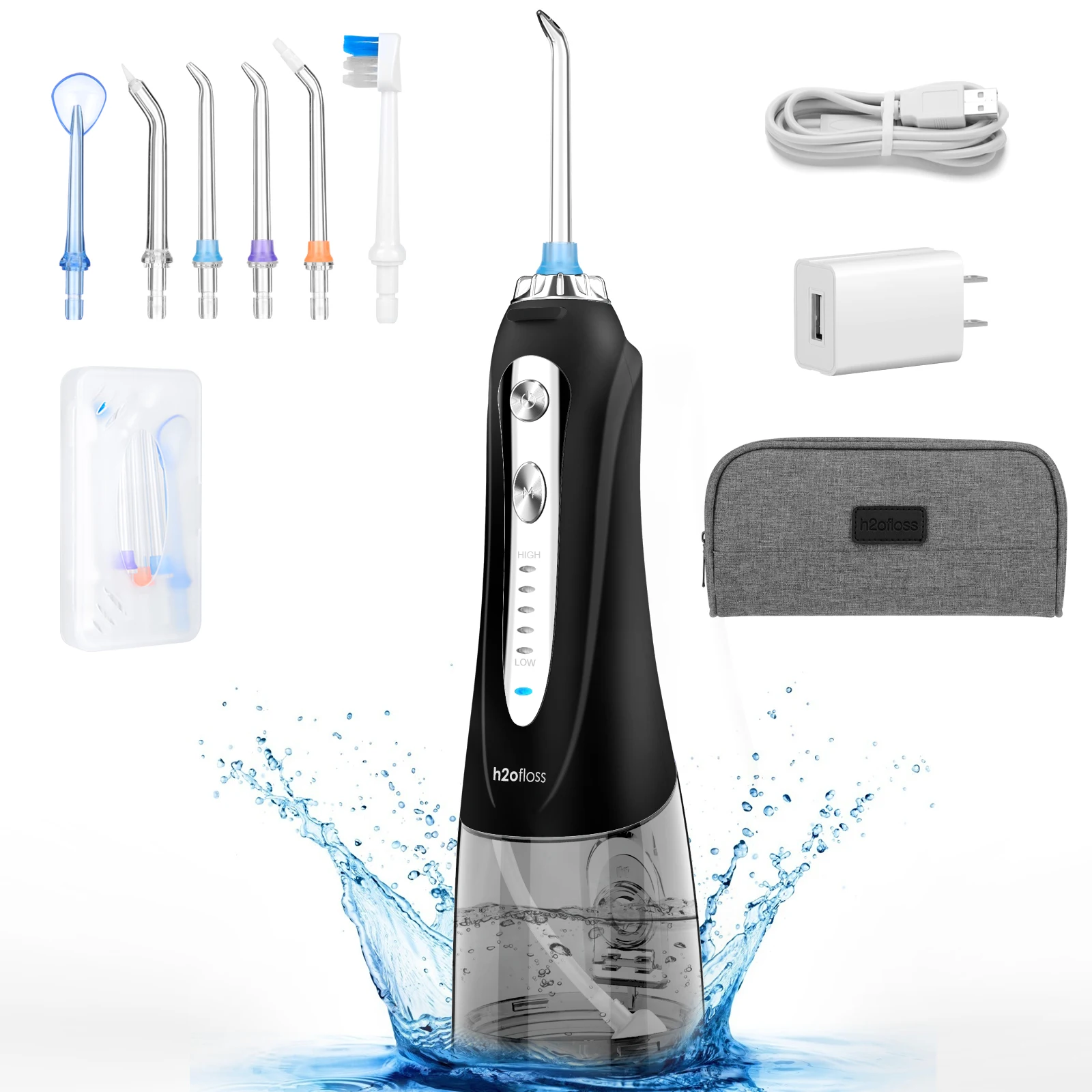 H2ofloss usb charged Portable Water Dental flosser 300ML water tank 5 modes cordless water flosser Waterproof oral irrigator