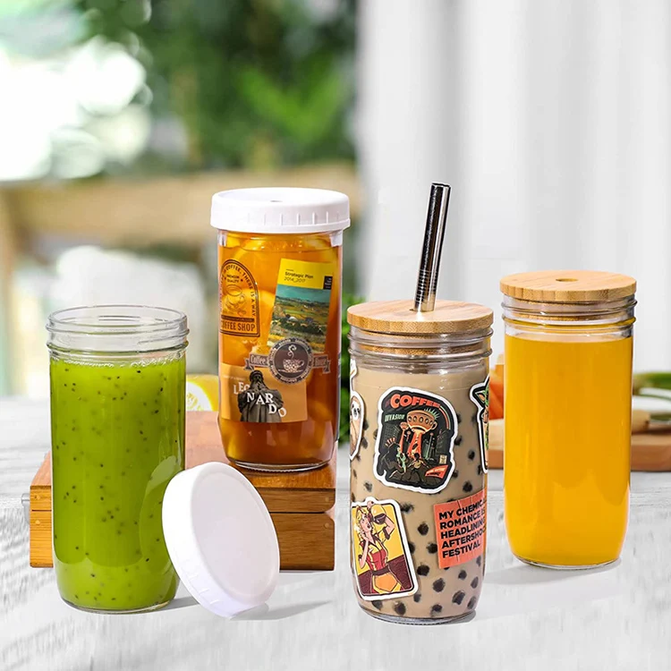 Bambus High Quality Glass Cups 32oz Square Clear Mason Jar Mugs With Straw and Lid for Home Bar