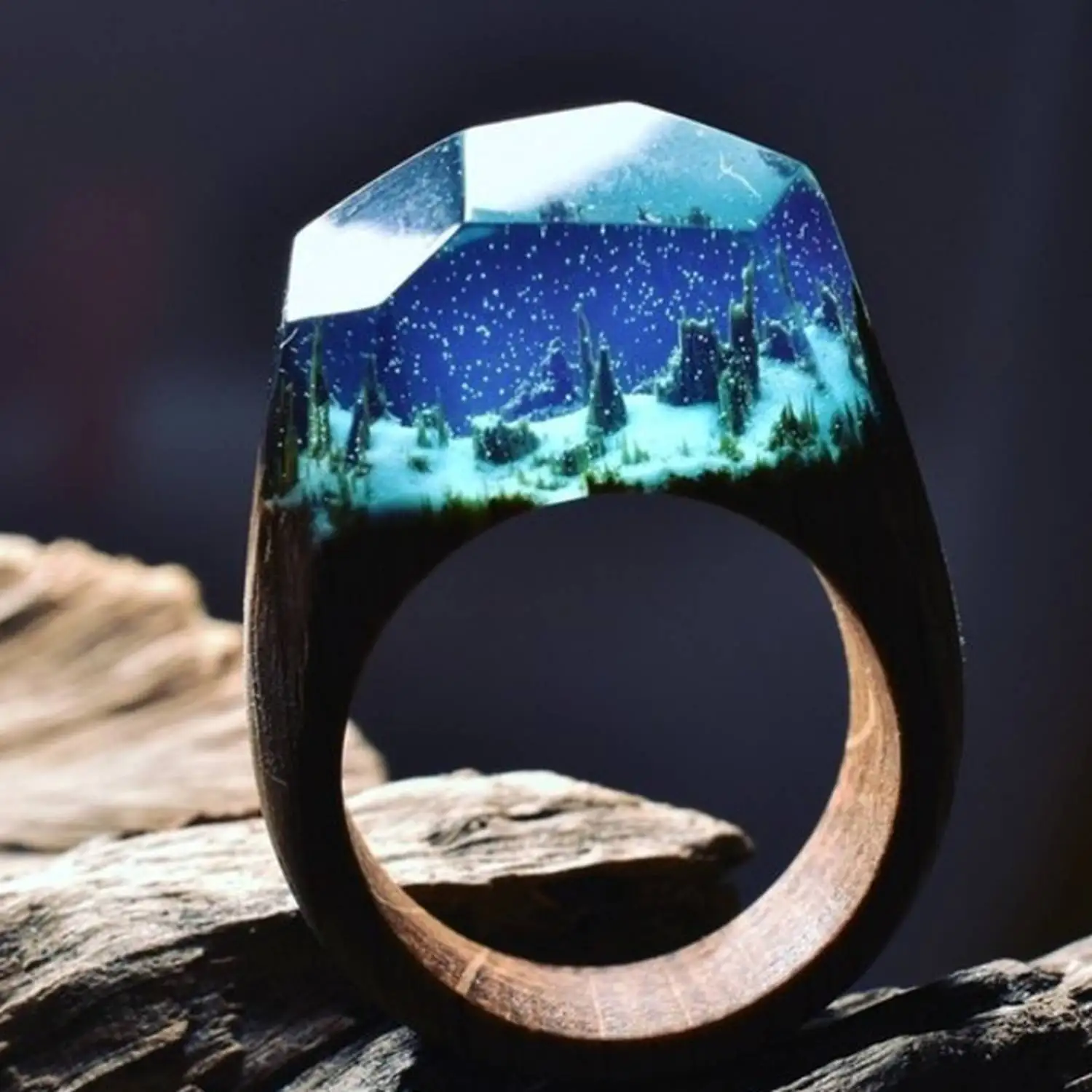 Fashion Women Resin Wood Rings Magic Forest Wooden Ring Men Jewelry Handmade undersea Blue Miniature World Inside Ring