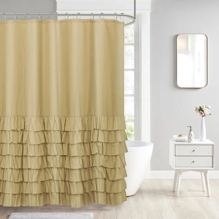 Luxury Ruffle Style Home Decor Soft Polyester Waterproof Solid Fabric Bath Bathroom Shower Curtains