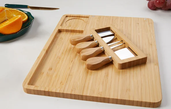 Premium wood cheese board set bamboo cheese board and knife set with Magnetic Slide-Out Drawer