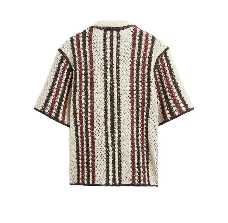 Custom design logo summer knit top mesh fashion casual hollow out short sleeve knitted  men crochet shirt