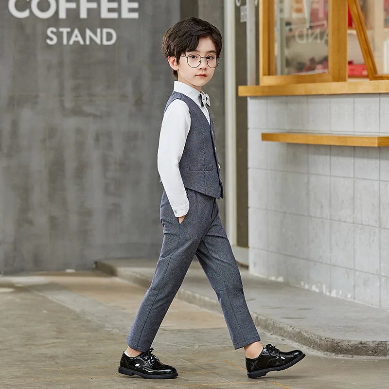 2022 Gray Formal Baby Boy Suits Elegant Children School Uniform Gentleman New Year Kids Clothes Dresses Boy Wedding Outfits