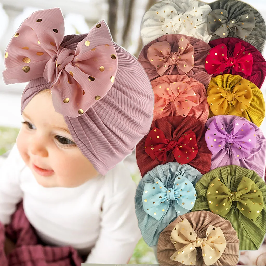 new baby rib bow dot cap newborn bowknot baby turban hat