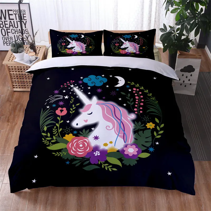 SP152 Printing Cartoon Bedding Kids Girls Cute Unicorn Pattern Duvet Cover 3 Piece Sweet Bed Sets