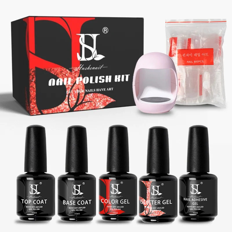 HS Nail Art Manicure Gel Polish Set With Lamp Private Label Nail Tips And Nail Glue Gel Polish Kit polish uv gel