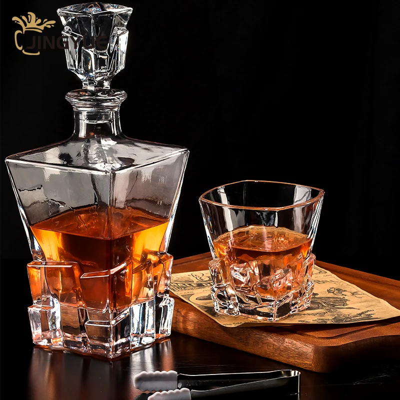 JingYue Square Shape Whisky Glass Gift Set Personalized Logo Old Fashioned Crystal for Cocktail Cognac Liquor Vodka