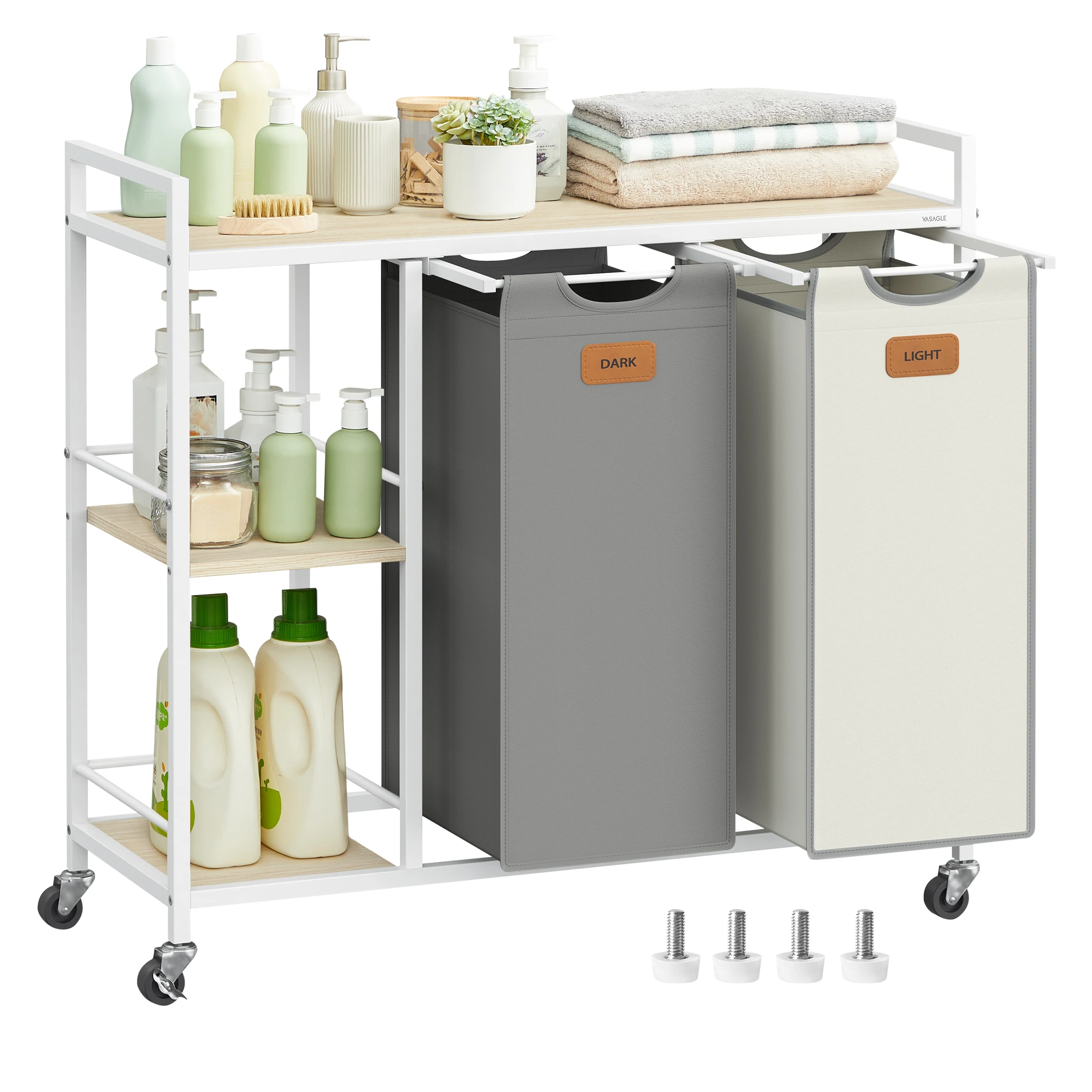 VASAGLE  Metal Frame 2 Sections Laundry Sorter Cart  Laundry Sorter Double Laundry Hamper Basket Organizer with Wheels