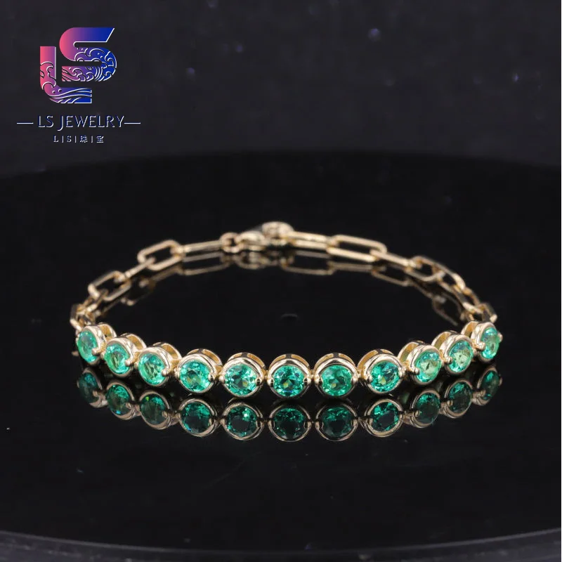Бижутерия 10 карат золотой шарм Теннисный браслет с рамкой Колумбия зеленый лабораторный Выращенный Изумрудный драгоценный камень браслет-цепочка