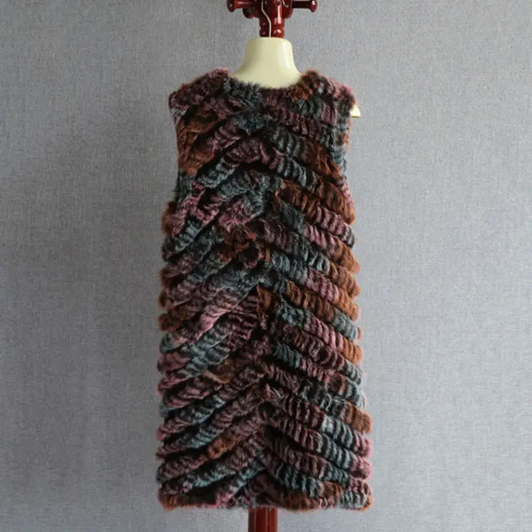 Rabbit hair woven vest pure hand-woven colorful rabbit  medium long fur vest