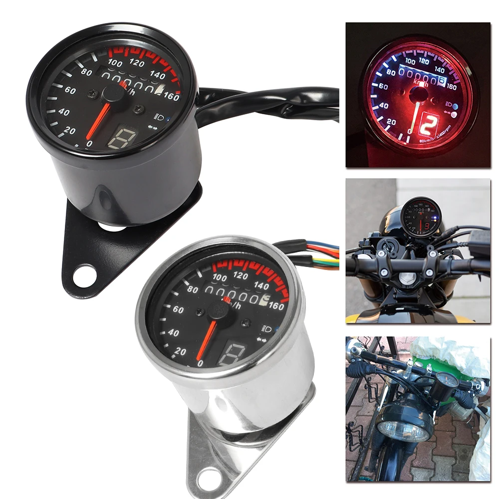 Free Shipping Universal Motorcycle Cafe Racer Speedometer odometer Gauge 0-160 km/u Instrument with LED Indicator