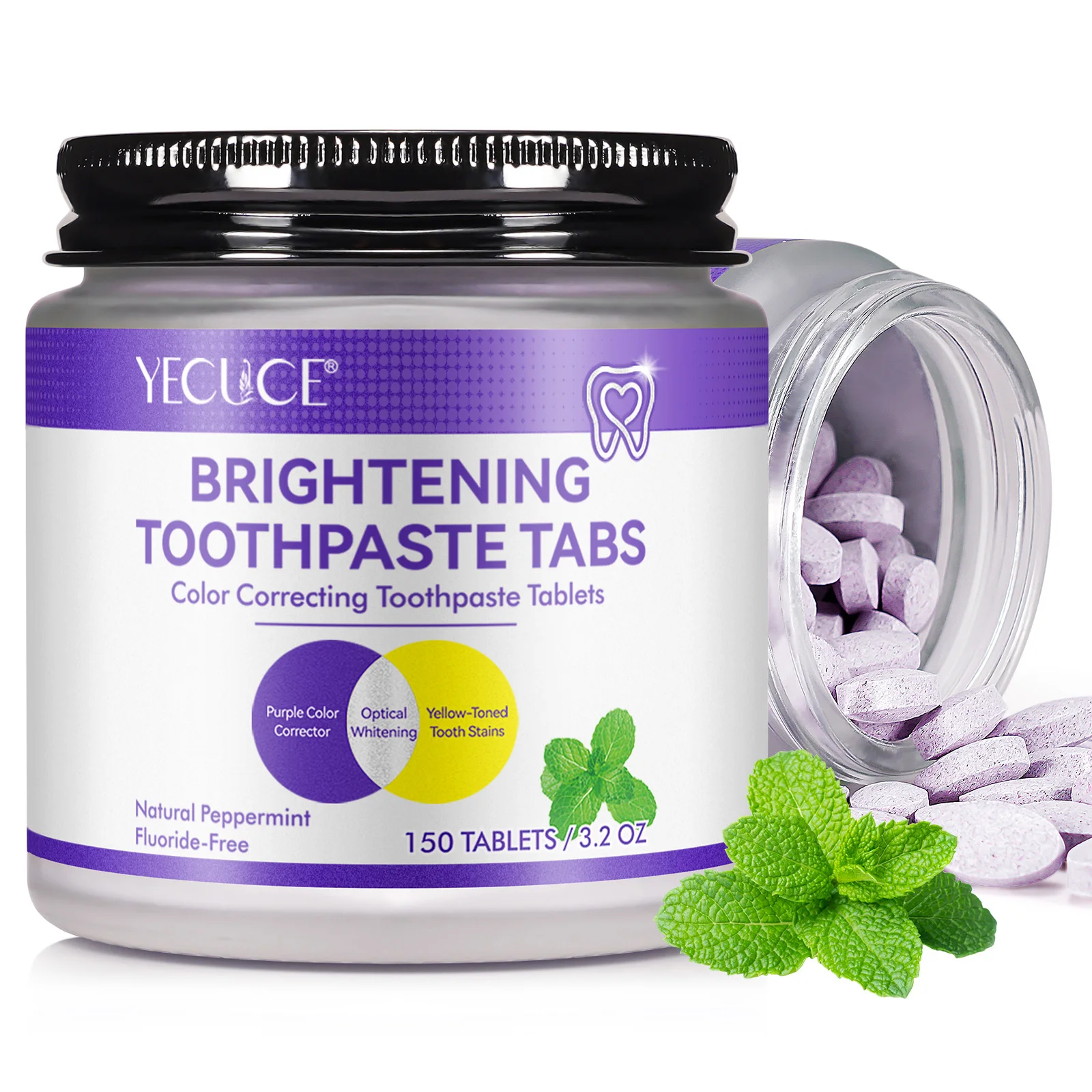 YECUCE peppermint 150 tablets strengthens whitens enamel solid whitening hydroxyapatite chewable toothpaste tablets