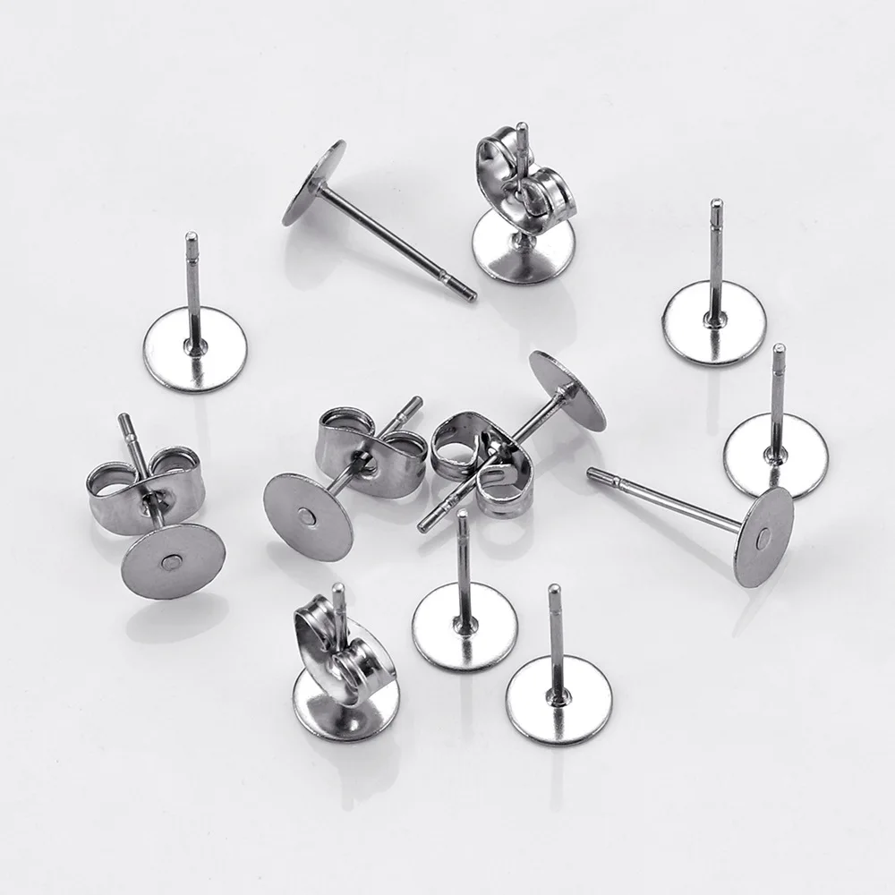100pcs/bag Earring Plug Findings Ear Back Stainless Steel Earring Studs Blank Post Base Pins