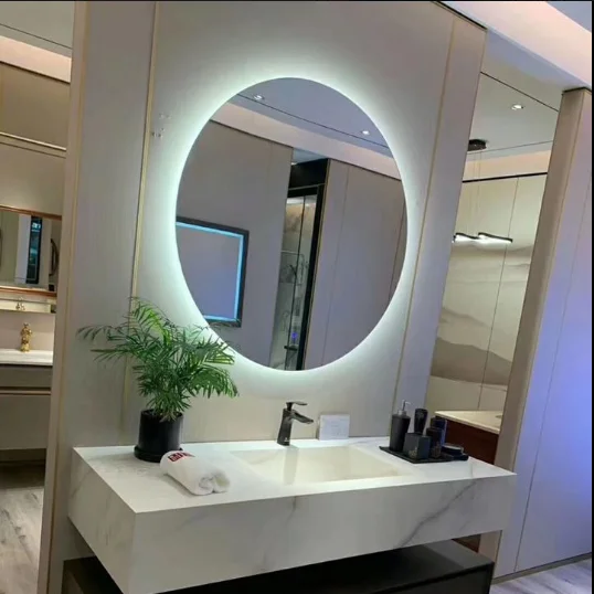 
Factory frameless toilet mirror with light large led circle mirror led light vanity mirror blue tooth speacker 