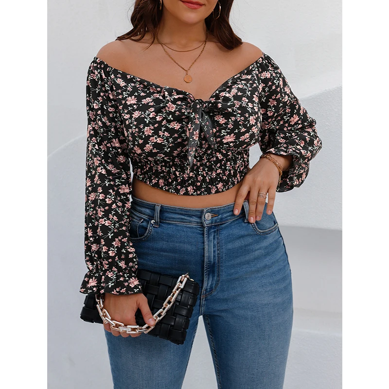 Hot Sell Wholesale New Design Ladies Clothing Floral V Neck Crop Top Casual Plus Size Off Shoulder Tops Long Sleeve