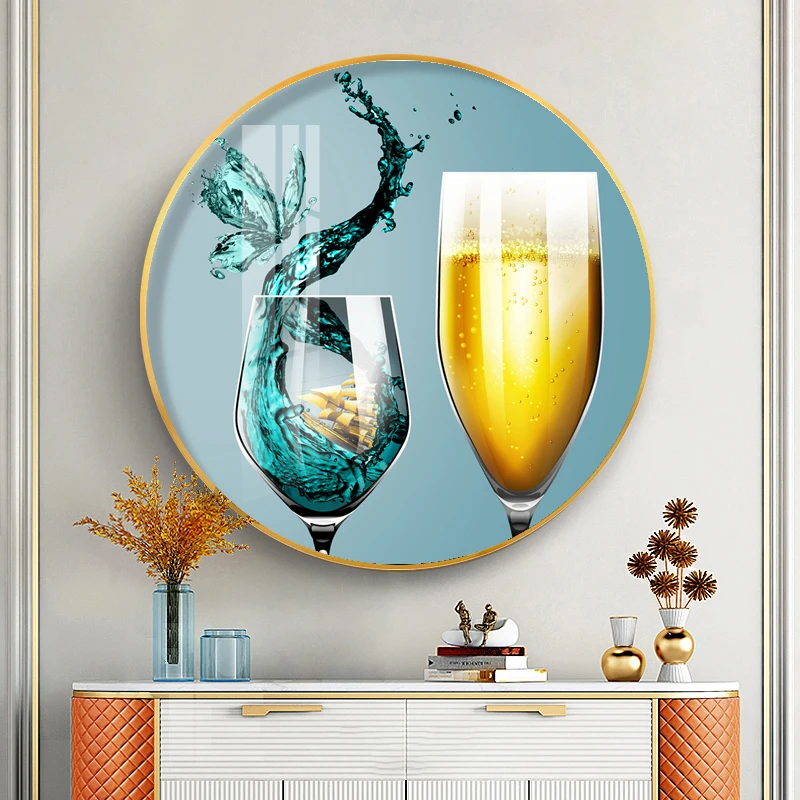 Wholesale custom Luxury Aluminum mountain and water Round frame abstract landscape Crystal Porcelain Painting