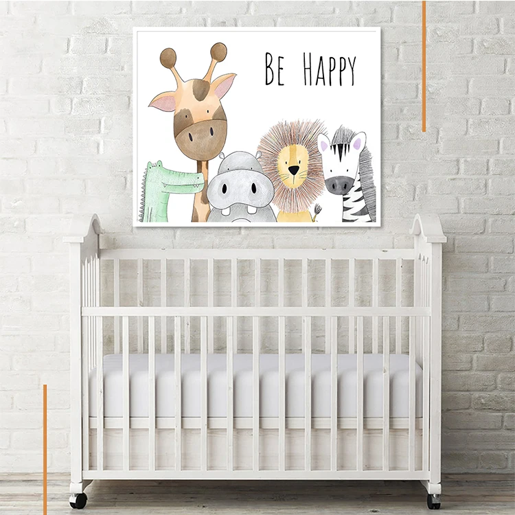 Картина на холсте для детской комнаты Be Happy постер с животными гиппопотамом жирафом обезьяной львом домашний