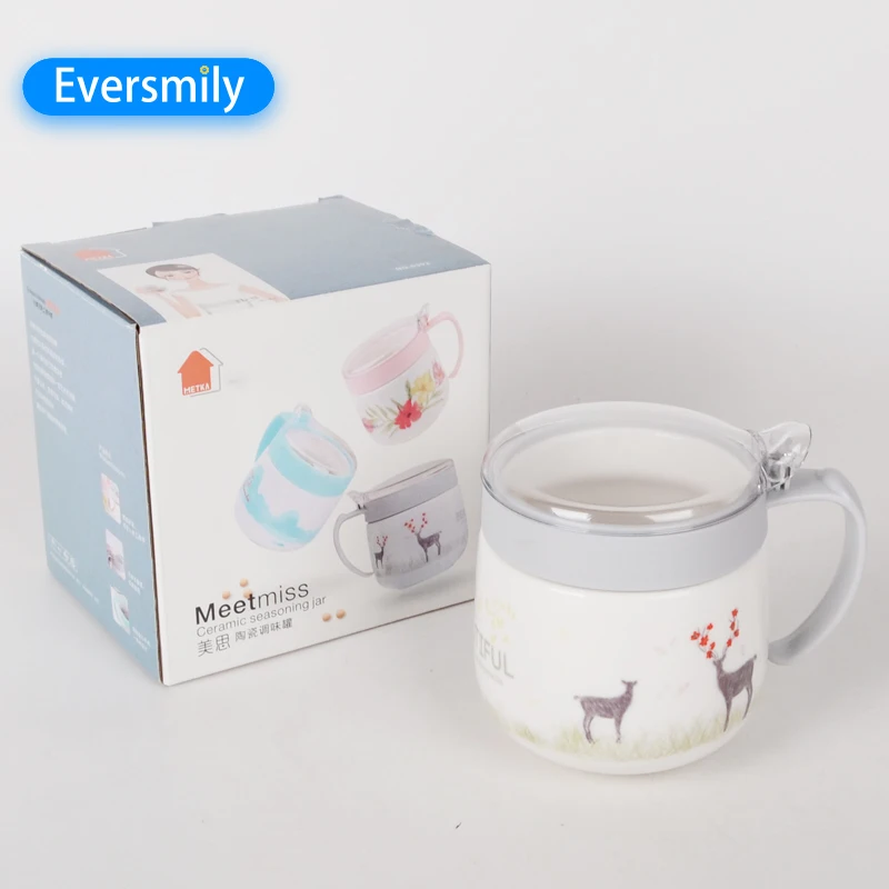 450ml Ceramic Big Capacity  Seasoning Pot Large spice Jars With Lid And Spoon Kitchen Gadgets