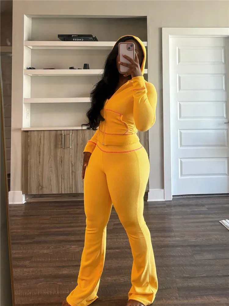 Autumn Stitching Flare Pants Two Piece Sets Women Hooded Long Sleeve Zip Coat And Skinny Pants Outfits