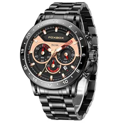 FOXBOX New Men's Quartz Watch Fashion Luxurious Sports Waterproof Chronograph Stainless Steel Men Watches Clock
