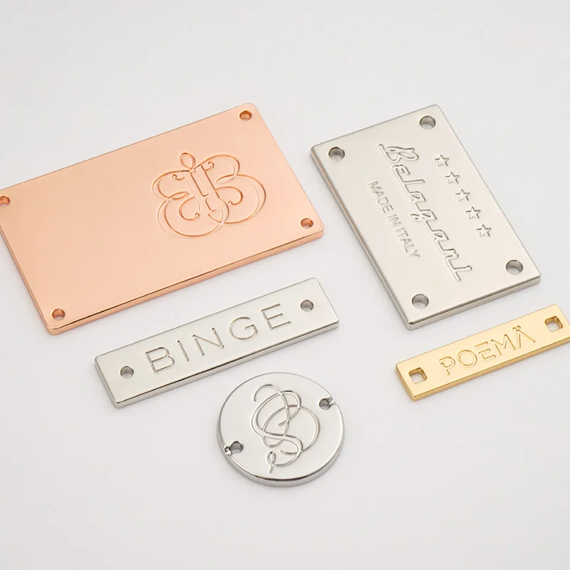 Custom Gold Sewing Metal Garment Label Tag Swimwear Silver Engraved Metal Labels Rose Gold Sewn Metal Logo for Clothes