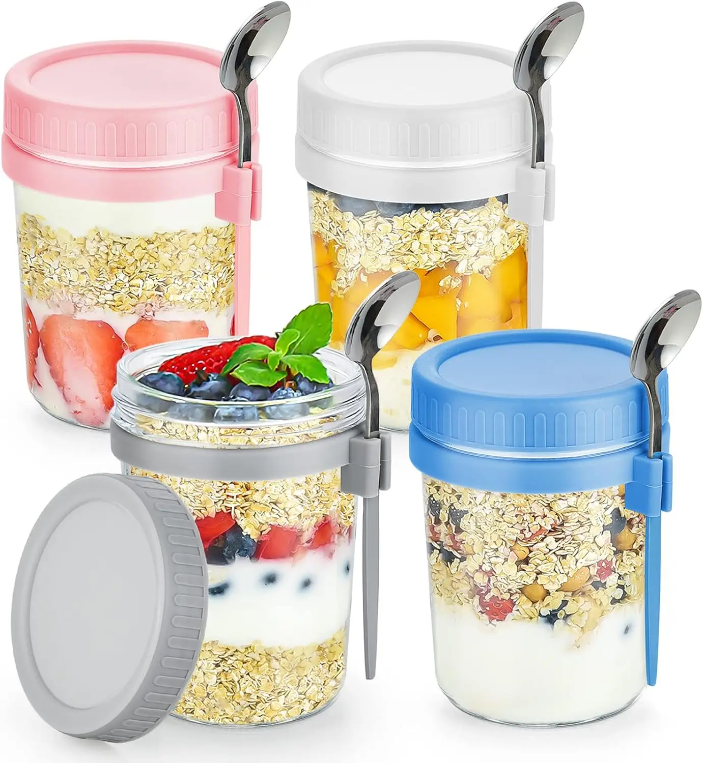 4 Pack Overnight Oats Containers with Lids and Spoons Leak Proof Oatmeal Container
