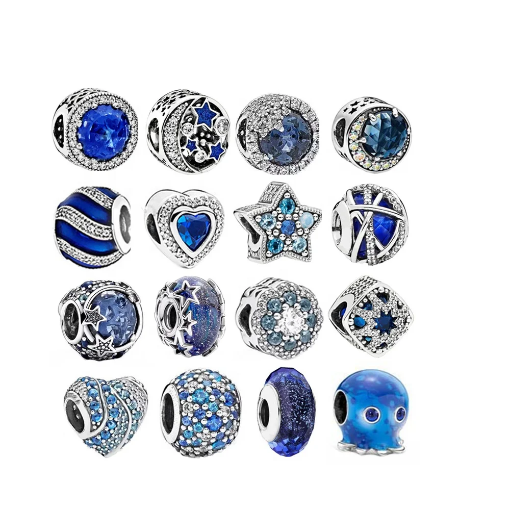 Fashion S925 Sterling Sliver Jewelry For Pandoraer Blue Ocean Blue Starry Sky Charm Blue Star Blue Love Heart DIY Bracelet Charm