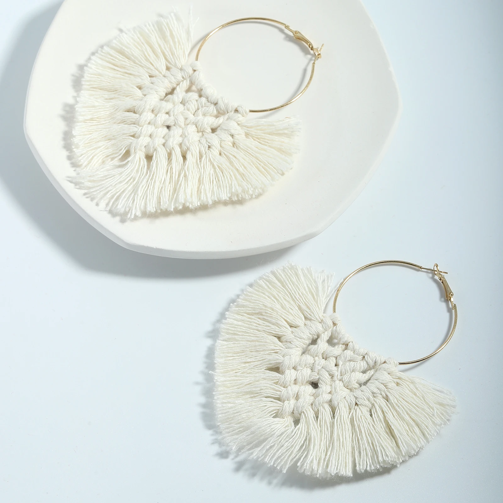 
Barlayc 2021 Fashion Earrings Trend 2021 Statement Design Macrame Wood Weave Dangle Earrings Good Hoop Color Drop Tassel Earring 