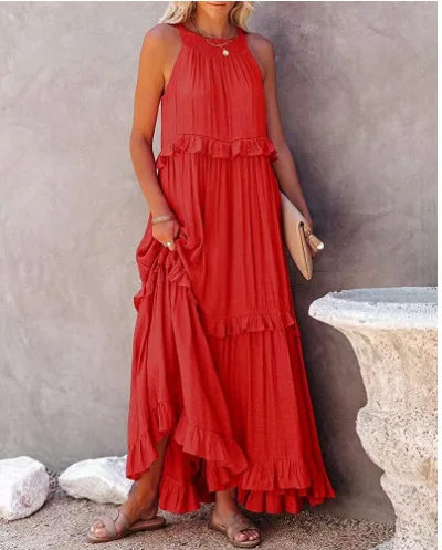 Women Sleeveless Beach Dress Summer Halter Layered Ruffles Casual Boho Flowy Maxi Dress