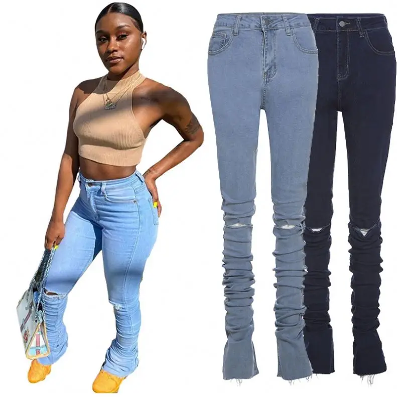 
2021 New Arrivals Womens Stacked Jeans Ruched Denim Blue Pants High Waist Skinny Stacked Pants Women Ripped Denim Jeans 