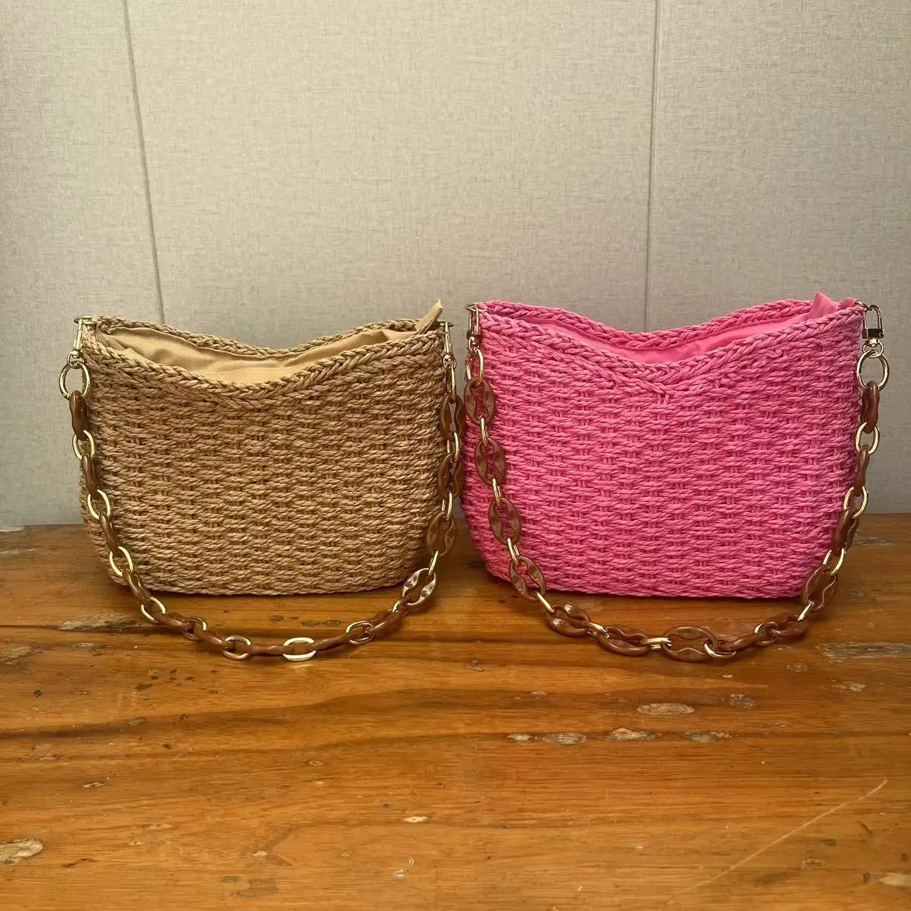 summer pink paper straw woven bag beach shoulder tote women basket handbag clutch purse