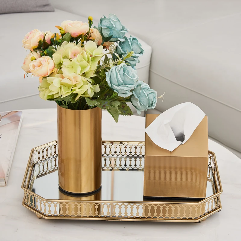 Luxury gold metal interior household home decor accessories artifacts modern desk ornaments rectangle food tea serving tray