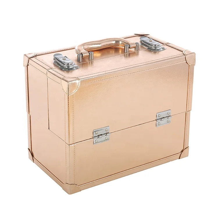 Hengxin Rose Gold 4 Trays Professional Cosmetic organizer Vanity Make Up Carrier  Box  Lockable keys Train Case
