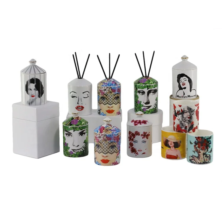 Synwish Oem Handmade Custom Decal Printed Ceramic Candle Containers Jar with Lids Scented Candle and Diffuser Gift Set