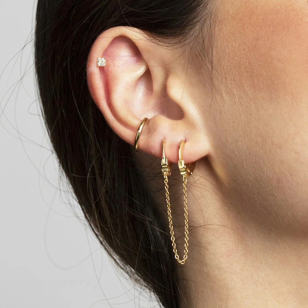 Custom Trendy 925 Sterling Silver 18K Gold Plated Dainty Jewelry Handcuffs Link Chain Double Huggie Hoop Earrings For Women