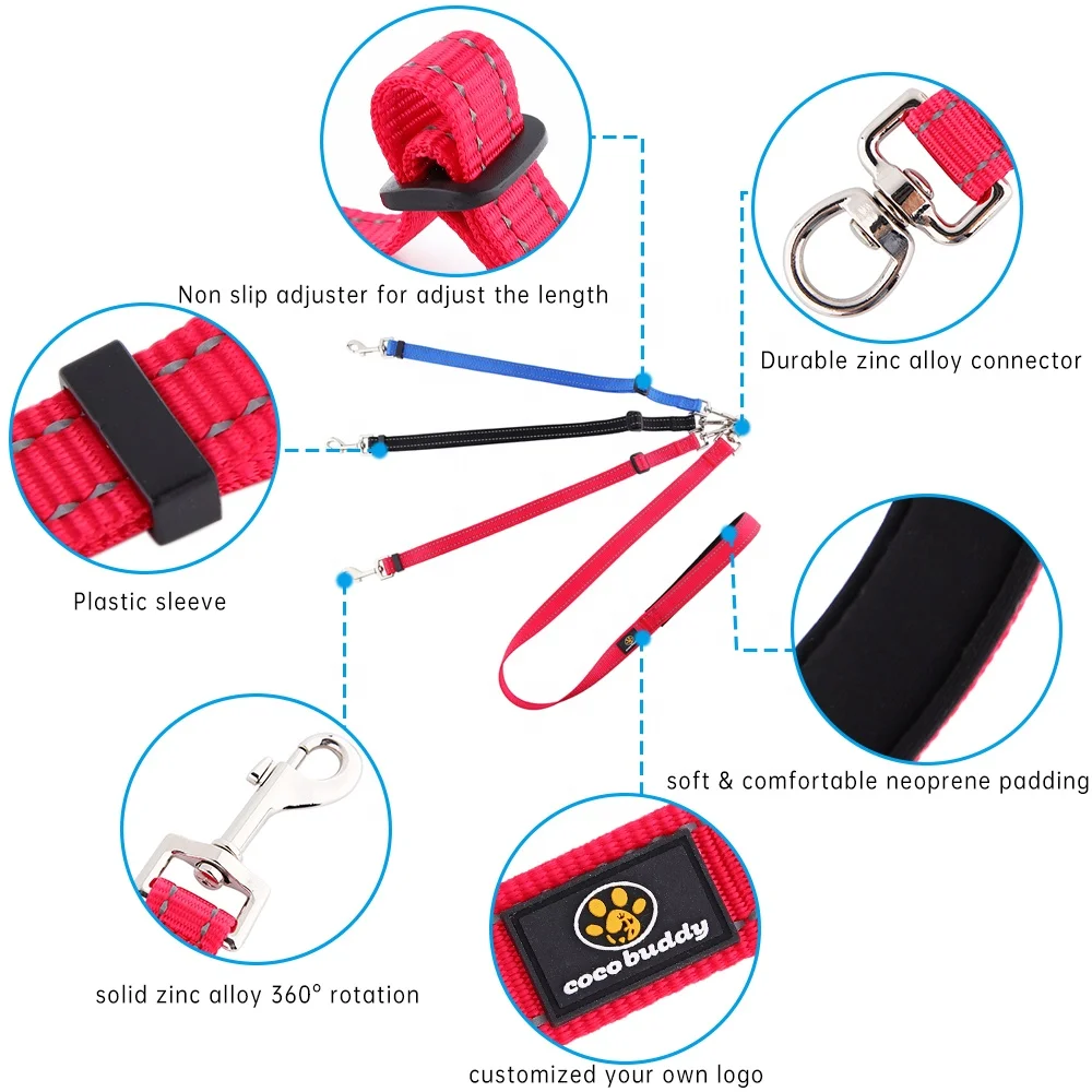 Hot Sales Custom Pet Dog Leash Reflective Strip Design 3 Traction Head Nylon Dog Leash Easy Control 3 Dogs