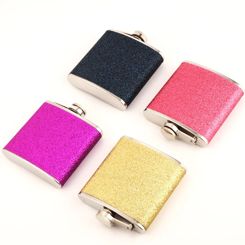 OEM Wedding gifts for guests stainless steel shiny leather hip flask flagon glitter flasks liquor 6oz