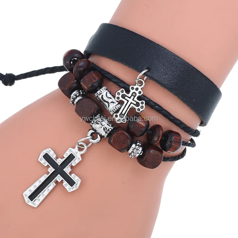 Men and Women Vintage Cross Beaded Braided Black Punk Adjustable Wrap Cuff Bracelet