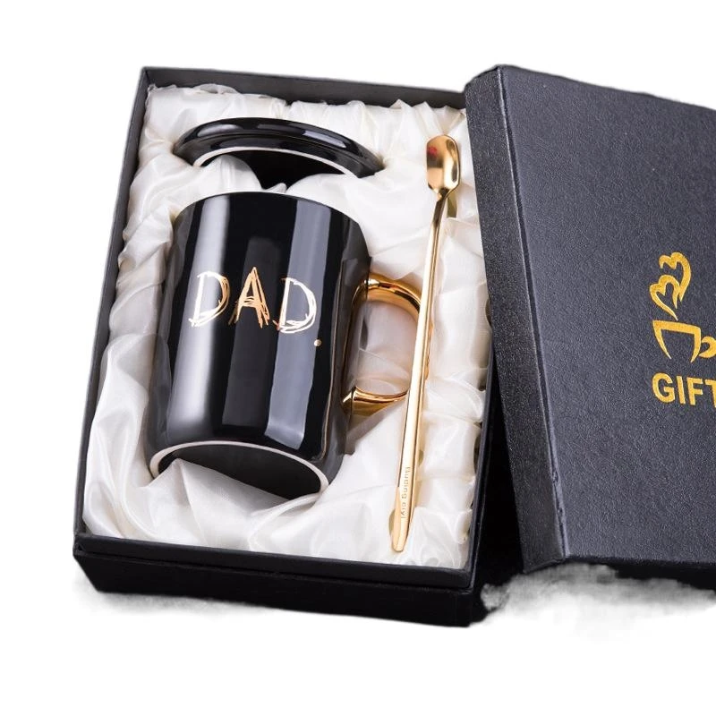 Высококачественные роскошные многоразовые керамические кружки 400 мл с крышкой и Золотой Ложкой Набор подарочных коробок на День отца