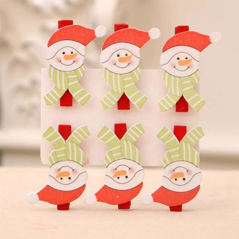 6 Pcs/pack Cute Mini Christmas Santa Claus Snowman Elk Bear Wooden Clips Clothes Photo Paper Memo Clothespin Craft Clips Gifts