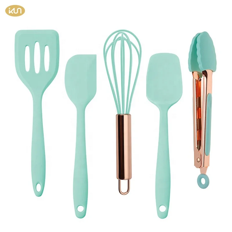 Yikun Custom Logo Cooking Tool Sets 5 Pcs Silicone Kitchen Items With Spatula Light Blue Cooking Utensils For Nonstick Cookware