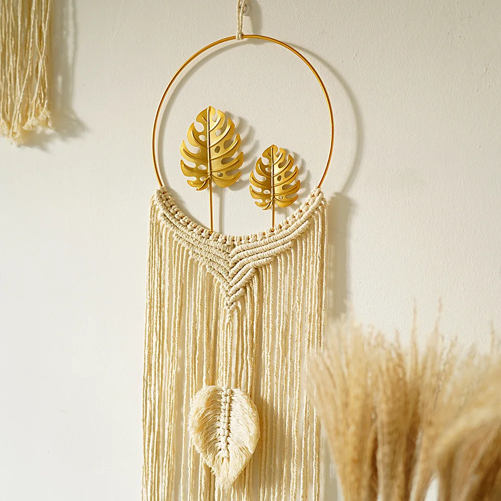 Bohemia Cotton Handmade Decor Hanging Tapestry Metal Shapes Metallic Macrame Dream Catcher Leaf