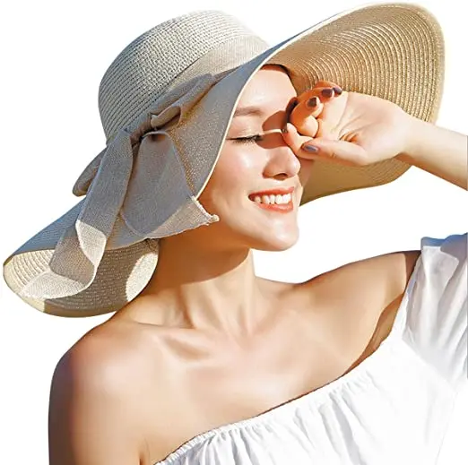 2021Women Broad Brim Beach Hat Bowknot Summer Sun Hat Foldable Straw Hat