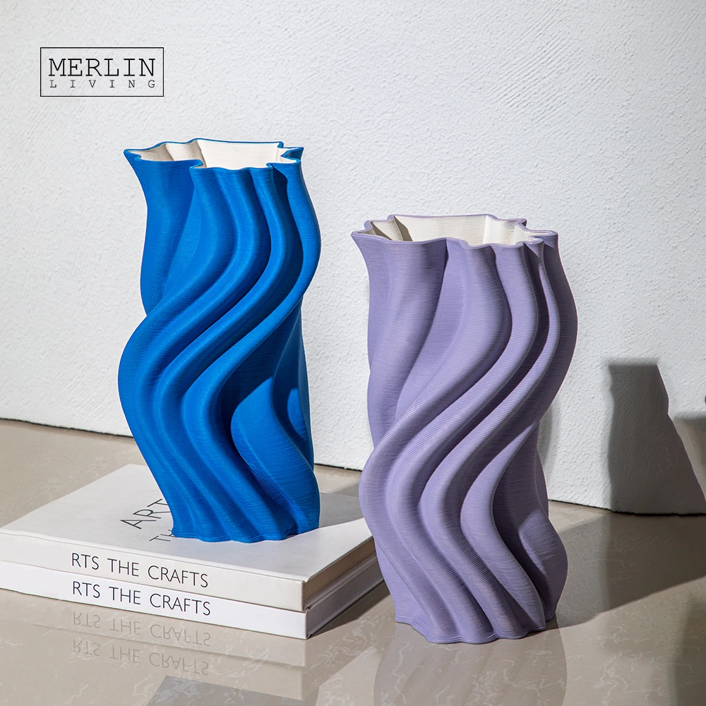 Merlin Living 3D Printing Vase Decoration Modern Abstract Curved River Ripple Nordic Vase Chaozhou Ceramic Factory Custom OEMODM