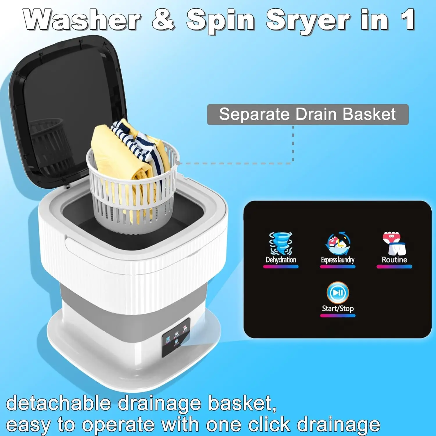 Large Capacity Blue Light Sterilization All-In-One  Portable washing machine,6-15L large capacity, with rotary dryer