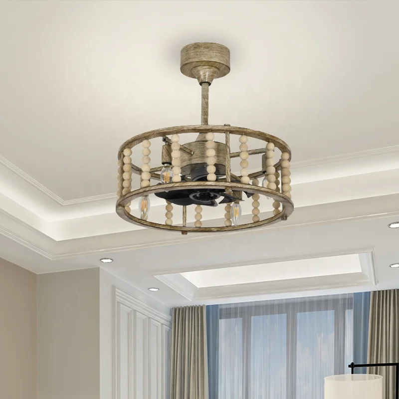 New modern Boho Ceiling Fan with Lights and Remote Caged Wood Bead Flush Mount Ventilador De techo LED Ceiling Fan Chandelier