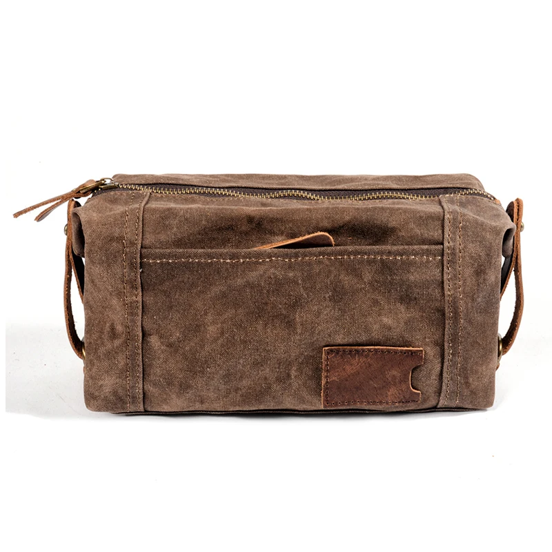 Waterproof Waxed Canvas Shaving Bag Mens Travel Toiletry Bag Custom Logo with Leather Handle