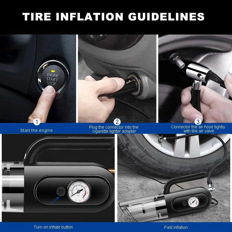 4-IN-1 Portable Car Vacuum Cleaner with Air Compressor Pump DC 12V Tire Inflator for Cars, Handheld Car Vaccum with LED Light