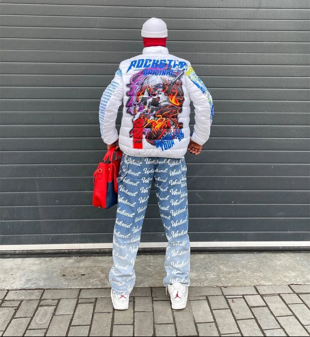 KY NEW Washed  Light Blue Hot Sale Checkerboard Checks Loose Crazy Custom Laser Print Baggy Jeans For Men 5