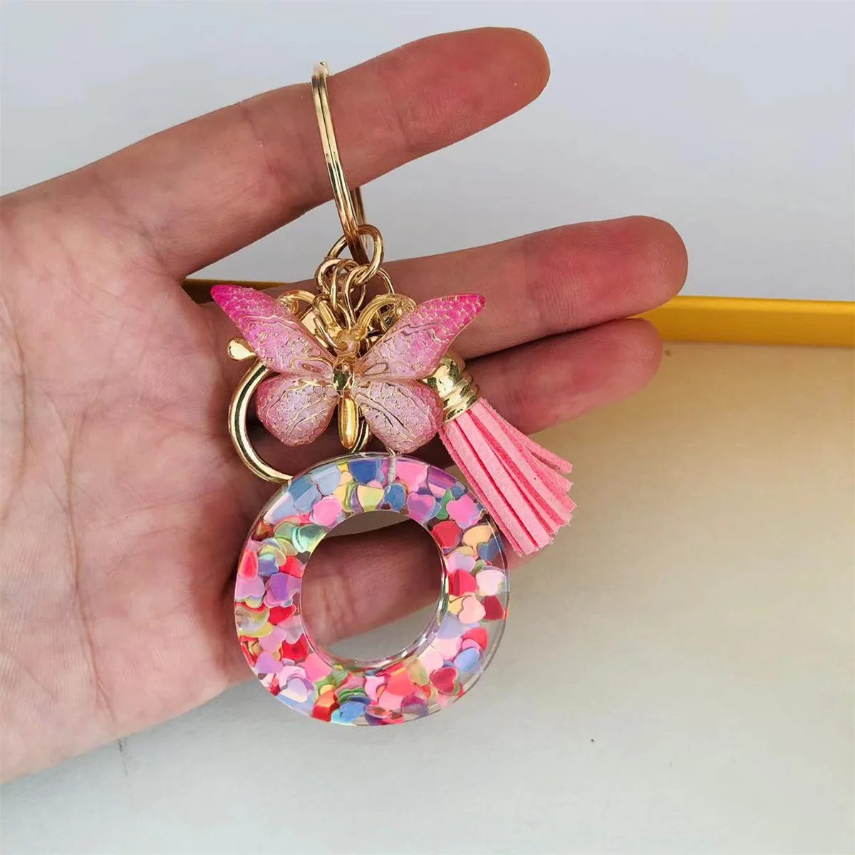 New Arrival Resin Crystal Glue Love Sequins English Letters Keychain With Butterfly Charms